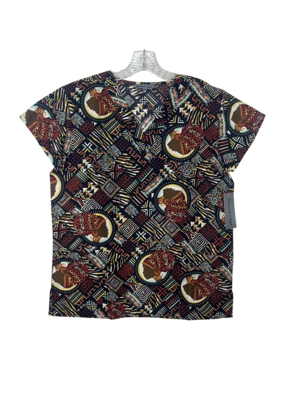 Bannock Court Scrub Shirt Top Womens Small Brown Black Geometric Print New